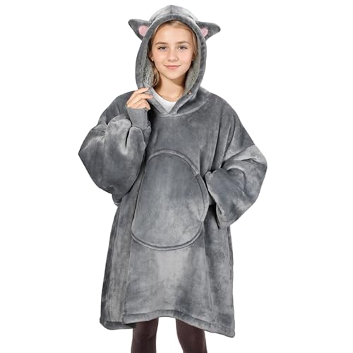 Solaris Cat Wearable Blanket Hoodie for Kids - Warm Soft Gift, Oversized Cozy Sherpa Fleece Sweatshirt Pullover for Teens, Girls, Boys, Large Pocket, Gray