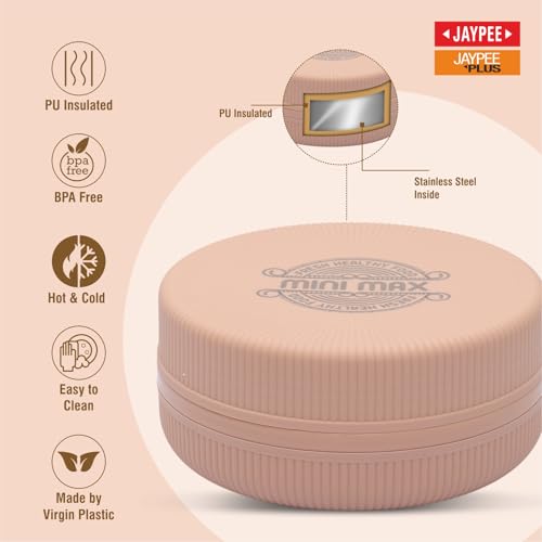 Image of JAYPEE Mini Max Lunch Box for School Kids, Office, Ideal for Snacks, Meal,Gift, Keeps Food Hot & Fresh Insulated Stainless Steel Inner with Plastic Dish Inside, 415 ml Each Pack of 2, Peach