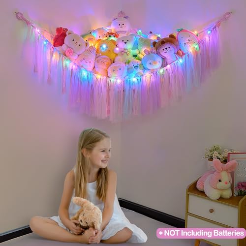 Image of FIOBEE Stuffed Animals Net LED Light Toy Hammock for Kids Bedroom Storage | Stuffed Animals Storage Organizer, Girls Room Decor, Teddy Bear Holder, Space Saving, for Kids Nursery Bedroom Playroom