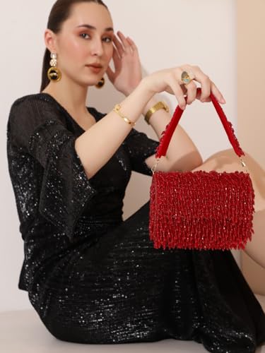 Image of THE TAN CLAN Rosa Red Flap Over Clutch Bag for Women- Elegant Evening Handbag, Purse, Perfect for Weddings, Parties & Special Occasions