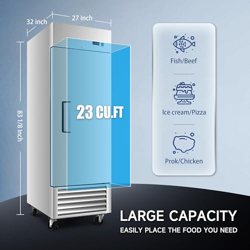 Image of 27 inch W Commercial Upright Freezer with Single-Door: 23 Cubic Feet Storage, Adjustable Shelving, Automatic Defrosting, Precision Digital Thermostat, LED Lights, Safety Locks