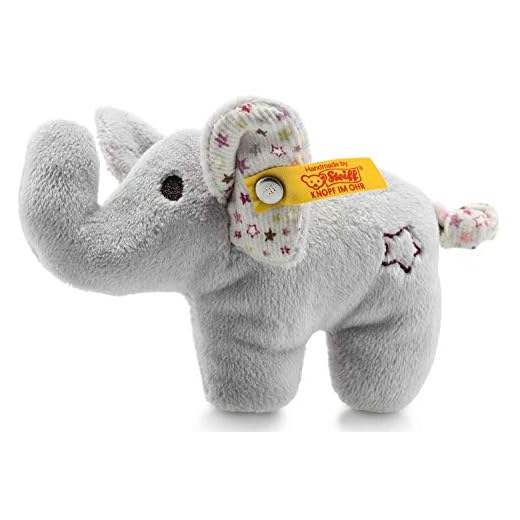 Steiff Mini Knister-Elefant mit Rassel - 11 cm - Plüschelefant mit knisternden Ohren & Rassel - Kuscheltier für Babys - grau (240690)