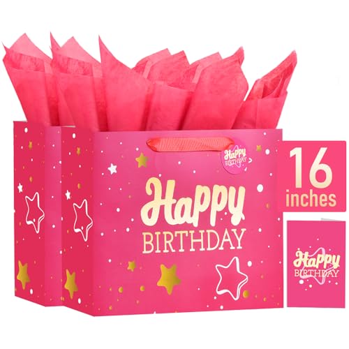 Image of Powbrace 16 inch Pink Happy Birthday Gift Bag with Tissue Paper and Greeting Card for Party,Happy Birthday Gift Bag for Men Women,Gift Bags Extra Large(2 PCS Pink Hot Stamping)