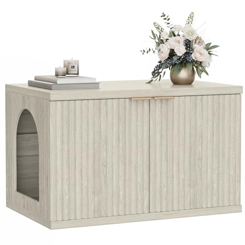 Homhedy Cat Litter Box Enclosure, Modern Fluted Accent Cat Washroom Furniture, Pet House, Fit Most of Litter Box,Cream Gray