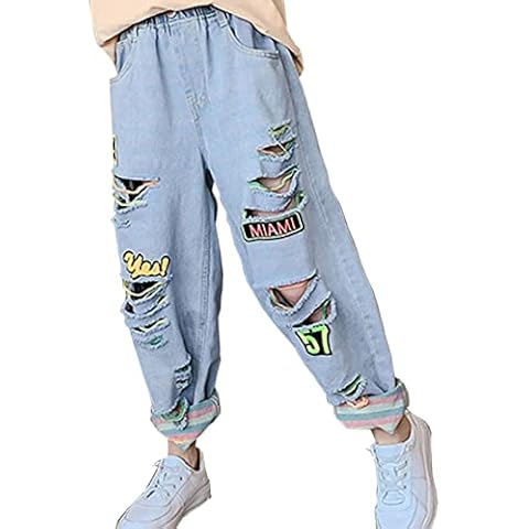 Hangzhikids Girls' Fashion Ripped Distressed Denim Trousers Fashion Cool Ripped Jeans Age 4-14 Years (Style2,12-13 Years) Cover