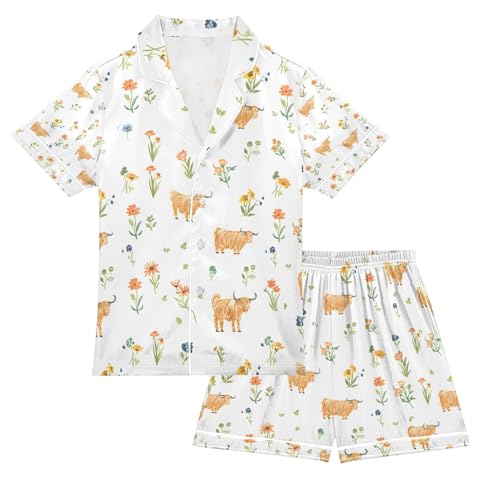 senya Highland Flowers Cattle Satin Summer Pajama Sets Silk Short Sleeve Button Down Sleepwear - Main Image