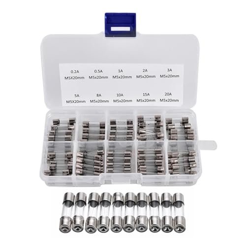 100 unidades Kit de fusibles de tubo de vidrio variados Amp 0.2A-20A Acción rápida 250V Pack surtido con caja de almacenamiento miniatura 4