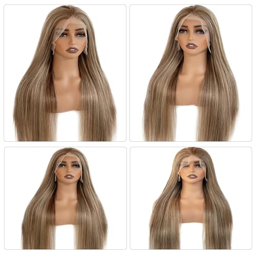Image of 28 Inch Ombre Brown Highlight Lace Front Wigs Human Hair Balayage Brown with Ash Blonde Highlights Brazilian Raw Human Hair 13x6 HD Frontal Wig Pre Plucked 180% Density Glueless Wigs for White Women