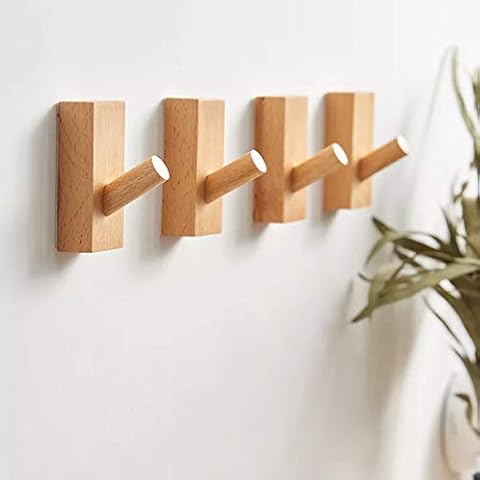 HomeDo Wood Wall Hooks Hat Rack, Wooden Coat Hooks Wall Mounted, Decorative Hooks Single Organizer Hat Hanger Towel Rack, Heavy Duty Hooks (Rectangle-Beech,8Pack) Cover