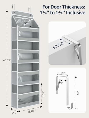 Yecaye 5 Tier 1Pc Over the Door Organizer, Swing-proof Door Organizer Hanging with Clear PVC Windows, Behind the Door Storage for Bedroom Nursery Closet Laundry Pantry Bathroom, Grey