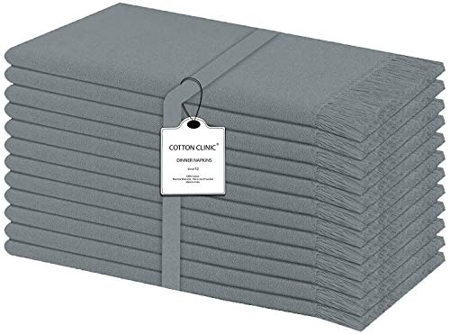 Clinica de Algodón Pack de 12 Servilletas de Tela con flecos 50 x 50 cm, Servilletas de Algodón, Calidad de Hotel Duradera, para Boda, Eventos y Uso Doméstico Regular Gris