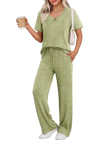 Image of Ekouaer Womens Ribbed Knit Lounge Set Short Sleeve Top and Long Pants Sleepwear Pajama Set Two Piece Matching Outfits Set