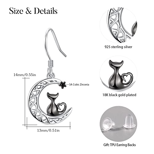 Cat Earrings For Women Girls, 925 Sterling Silver Black Kitty Crescent Moon And Star Dangle Drop Earrings Animals Half Moon Jewelry For Cats Lovers Graduation Gift Teacher Appreciation Gifts #TOP5