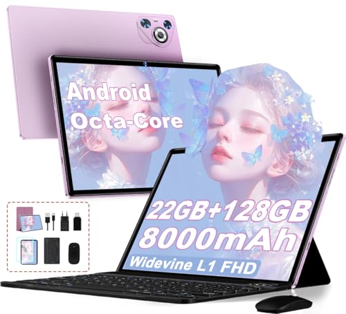 Dghrti 2026 Tablette Android - 10.1 Pouces, 128Go + TF 1To,22Go RAM(6+16) Écran IPS HD, Octa-Core 8000mAh, WiFi 5G, Caméra 8MP+5MP, Corps Métal - Tablet Tactile avec Clavier, Souris - Violet