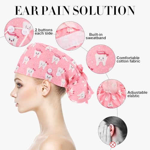Image of Unittype 4 Pcs Nurse Caps for Women Nursing Working Caps with Button and Sweatband Adjustable Elastic Scrub Hats for Dentist