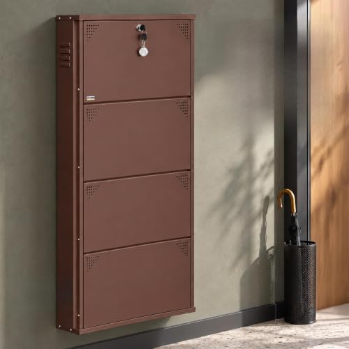 Image of DELITE KOM AIRO 24 inch 4 Shelf Metal Shoe Rack Wall Mounted for Home with Lock | Air-Vent Designer Panels Keep Shoes Odour-Free | Holds 12 Shoes or 20 Slipper Pairs | 1Yr Warranty | 54x24x5 Coffee | DIY
