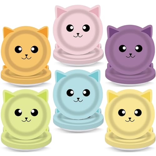 Jisfigtrh 48PCS Cat Theme Party Set Includes 6 Colorful Animal Face Dinnerware Cute Kitten Dessert Plates for Birthday Events Disposable Party Supplies