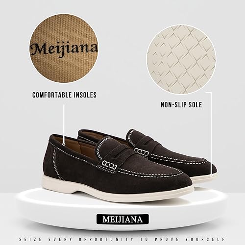 Image of Meijiana Men's Genuine Leather Loafers Slip-On Moccasins Suede Dress Shoes, Lightweight and Breathable with Rubber Sole Stylish Mens Loafers