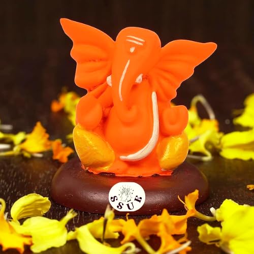 SSUE Orange Ganesh/Ganesha Ganpati Bappa Idol Religious Figurine Murti Statue Puja Collections Diwali Decor Meditation Room Mandir Temple Pooja for Car/Vehicle Dashboard Gifts