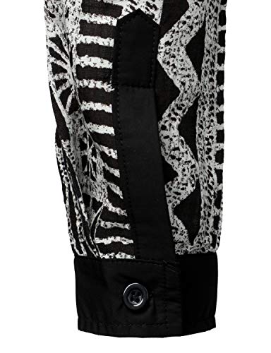 Lucmatton Men's African Traditional Pattern Printed Hidden Button Long Sleeve Dashiki Shirt With Pocket Black White Large #TOP5