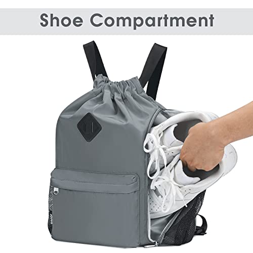 Miniatura 4 de Wandf Mochila Con Cordón, Bolsa De Deporte Con Compartimento Para Zapatos, Mochila De Cincha Resistente Al Agua Para Hombres Y Mujeres Gris