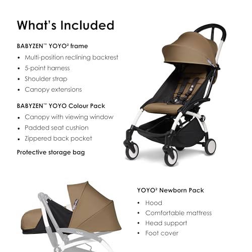 Image of BABYZEN YOYO Foldable Stroller - Includes Newborn Pack (Toffee), White Frame & 6+ Color Pack (Toffee) - Suitable for Newborn Up to 22 kg, Lightweight, Mattress, Canopy, Head Support & Foot Cover