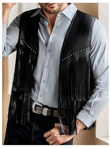 OYOANGLE Men's PU Leather Open Front Fringe Vest Boho Cowboy Western Sleeveless Jacket Waistcoat4