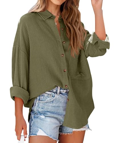 Image of NOLLSOM Casual Shirts for Women Long Sleeve Button Down Blouses Fall 2026 Solid Color Trendy Tops with Pocket