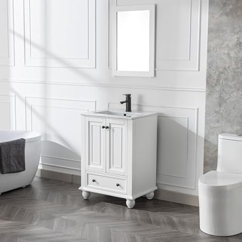 LUCKWIND 24" Bathroom Vanity and Sink Combo, Retro Style Painted Bathroom Cabinet with Ceramic Sink, Matte Faucet and Drain, Mirror is not Included, White Cover