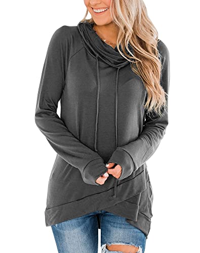 Fallorchid Womens Cowl Neck Tunic Tops Long Sleeve Pullovers Casual Drawstring Sweatshirts (Charcoal,Small,Female,Adult,Us,Alpha,Small,Regular,Regular) #TOP23