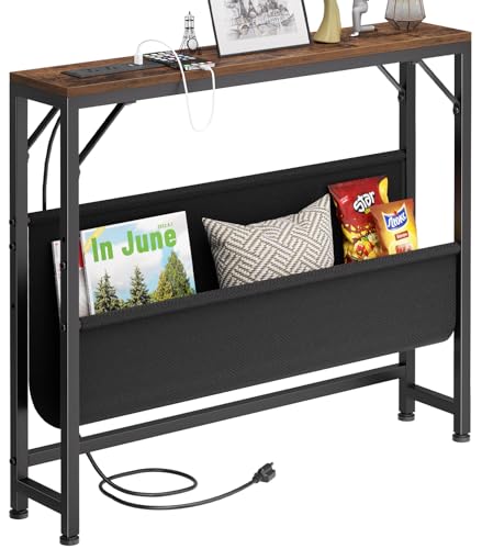 Image of Asgolion 31.5'' Small Console Table with Charging Station and Storage,Behind The Couch Table, Narrow Sofa Table with Power Outlets for Living Room, Foyer, Entryway, Hallway, Rustic Brown
