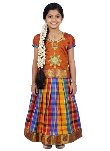 Image of Girls Traditional Silk Pavadai Sattai Lehenga Choli with Waist Belt | Ethnic Festival Wear for Girls, Perfect for Weddings, Pongal, Religious & Special Occasions
