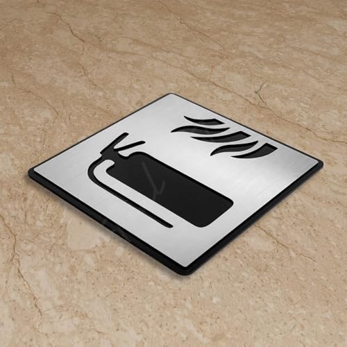Image of Premium Brush Finish Square Silver Acrylic FIRE Extinguisher Sign Easy Mount Self-Adhesive 5.8 Inch Signage Office Corporate Hospital Business Society Resort Hotels Clubhouse Clinic