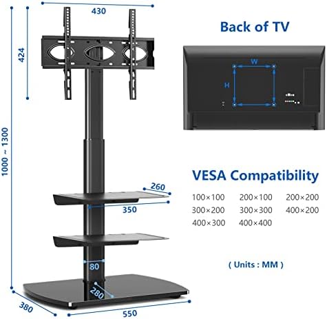 RFIVER Universal TV Floor Stand with 3 Shelves for 32" - 65" Flat&Curved Screens, Height Adjustable Cantilever TV Stand with Swivel Bracket max VESA 400x400mm