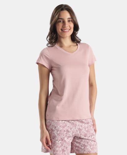 Image of Jockey RX12 Women Micro Modal Cotton Relaxed Fit Solid V Neck Half Sleeve T-Shirt