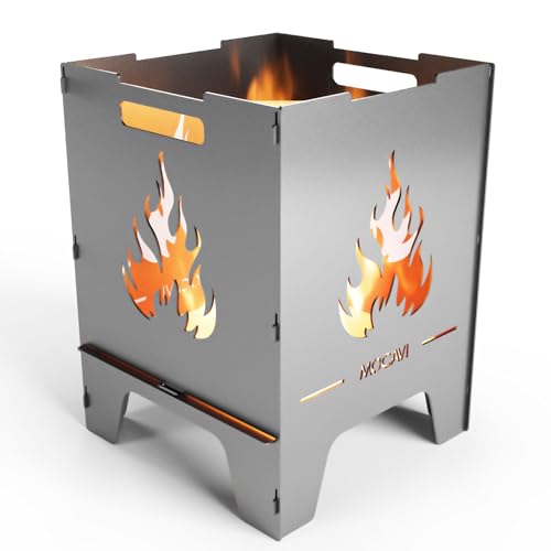 MOCAVI Edelstahl Feuerkorb Flamme 52 cm | 3 mm V2A Design-Feuertonne für Garten, Terrasse und Balkon Feuerschale Feuersäule massiv sicher quadratisch Feuerstelle Outdoor faltbar hitzefest eckig