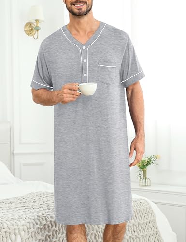 Image of SWOMOG Mens Nightgown Short Sleeve Lounge, Sleep Henley Shirt Pajama Big & Tall Nightshirt Comfy Nightwear M-3XL