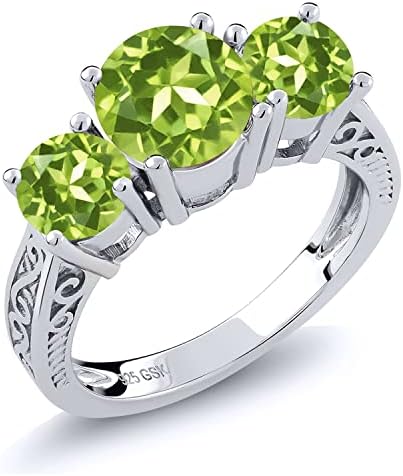 Gem Stone King 925 Sterling Silver Round Green VS Peridot 3 Stone Ring for Women (2.35 Cttw, Gemstone Birthstone, Available in Size 5, 6, 7, 8, 9)