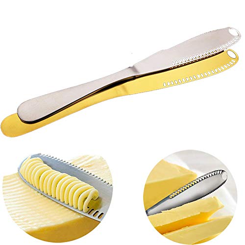 Miotlsy Cuchillo de Queso 2PCS Cuchillo de Mantequilla de Acero Inoxidable Multifunción con Borde Dentado, Rallador de Queso para Untar Uniformemente la Salsa