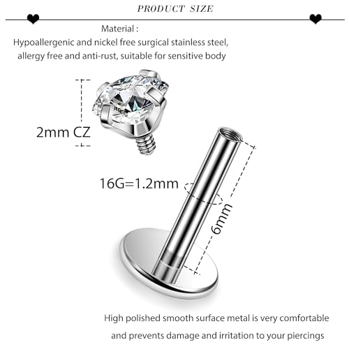 16G ASTM F136 Titanium Surgical Steel Internal Thread Flat Back Studs Earrings Lip Rings Labret Medusa Helix Tragus Cartilage Earring stud Piercing Jewelry for Women Men Silver Black Gold2