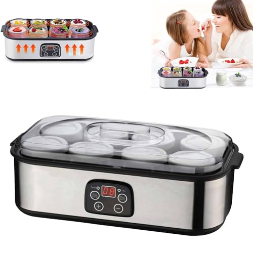 Máquina de yogur probiótico con control de temperatura y tiempo ajustable, tarro de yogur con 8 tapas, máquina de yogur multifuncional de acero inoxidable de 1400 ml, regalo perfecto para hombres y