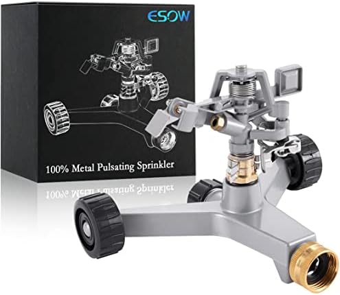 ESOW Metal Pulsating Sprinkler with Wheeled Base, Garden Lawn Sprinkler 360 Degree Rotating, Heavy-Duty Zinc Metal with Adjustable Spray Pattern for Garden Lawn, Outdoor