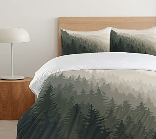 Ambesonne Forest Duvet Cover Set, Northern Parts Of The World Coniferous Trees Scandinavian Woodland, Decorative 3 Piece Bedding Set With 2 Pillow Shams, Queen Size, Cream Tan Dark Green #TOP4