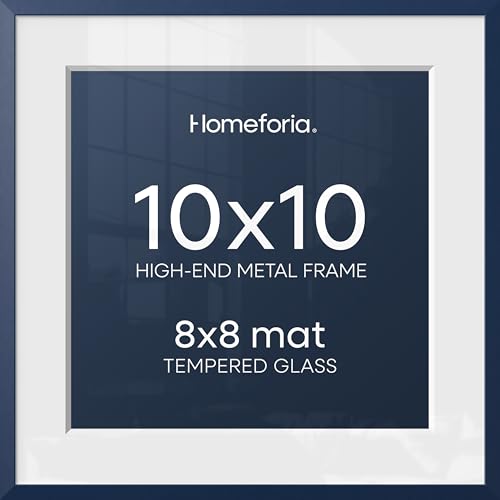 Image of Homeforia 10x10 Blue Picture Frame, High-End Metal, 8x8 Mat, Glass | High End Aluminum, Tempered Glass, Acid-Free 8x8 Removable Mat, 10x10 in Edge-to-Edge Display 10x10, Wall Kit, Set Of 1