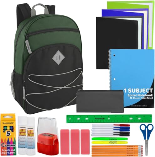 Trail maker Kids Backpacks with School Supplies for Boys, Girls | 30 Piece Back to School Supplies Set with 17" Bungee Backpack (Green & Black) by Trail maker - Used condition - US$16.44