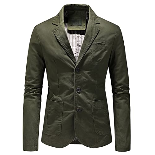 Men's Solid Color Cotton Blazers Spring Autumn Casual Slim Army Green Suit Jacket