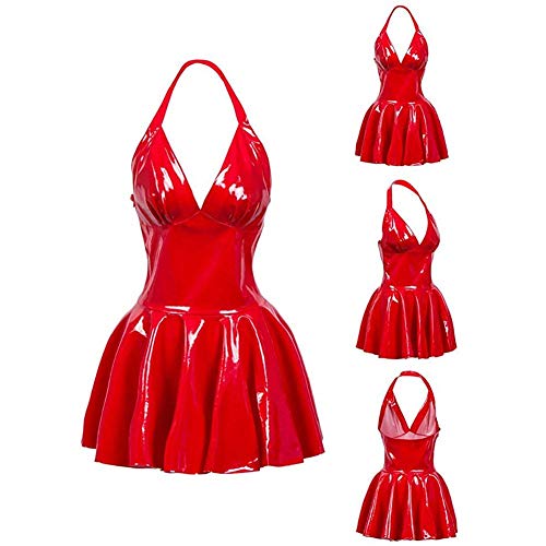 Vestido de Cuero de Mujer Rojo Negro Brillante Vestido de Látex De PVC Ropa de Noche Halter Lateral Zip Backless A-Line Mini VestidoRed-S