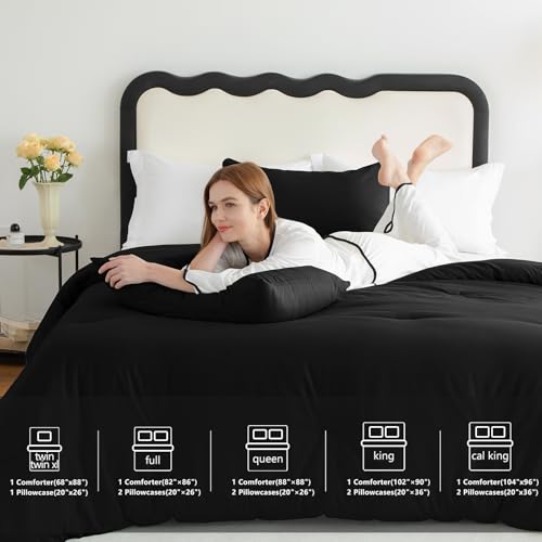 CozyLux Queen Comforter Set Black, 3 Pieces Lightweight Comforters Queen Size Quilted Bedding Sets, All Season Breathable Solid Down Alternative Comforter with 2 Pillowcases, Bed Set Gift for Home by CozyLux - Image 6