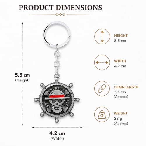 Image of One Piece Anima Manga Pirate Flag Logo Wheel Rotating Heavy Metal Keychain,|Anime Key ring| Perfect Keychain For Anime Lover|car Bikes Gold & Grey Combo pack