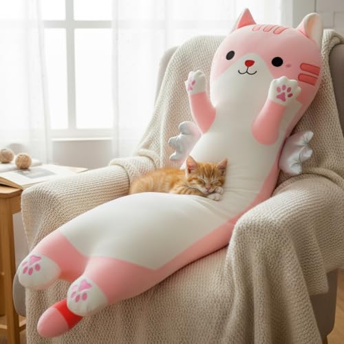 Image of Long Cat Plush Pillow, Cute Cat Stuffed Animal Body Pillow with Wings, Soft Kawaii Kitty Hugging Pillow, Christmas Valentine's Birthday Gift for Kids Girls Boys (Pink, 110cm /43.31in)
